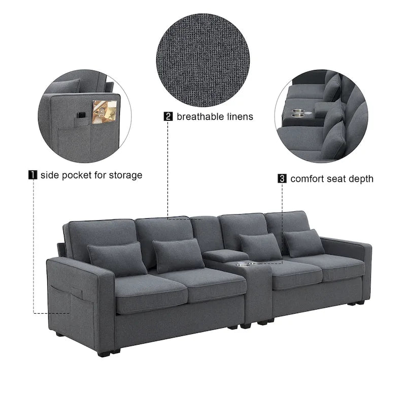 Canapé en lin beige/gris/noir avec console et ports USB pour 4 personnes