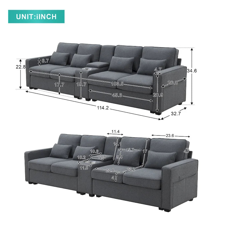 Canapé en lin beige/gris/noir avec console et ports USB pour 4 personnes