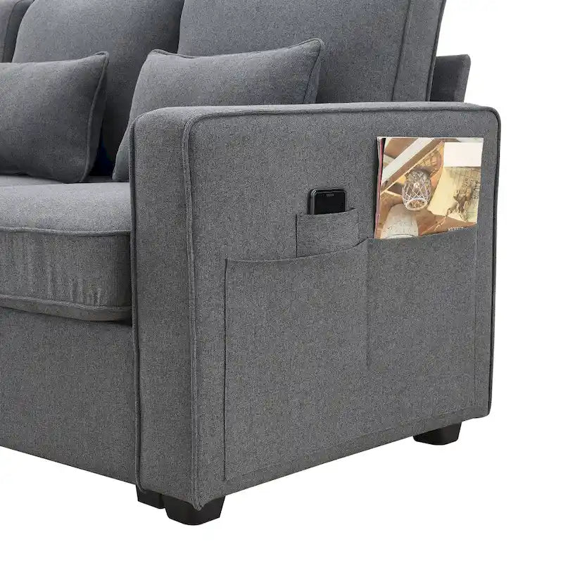 Canapé en lin beige/gris/noir avec console et ports USB pour 4 personnes