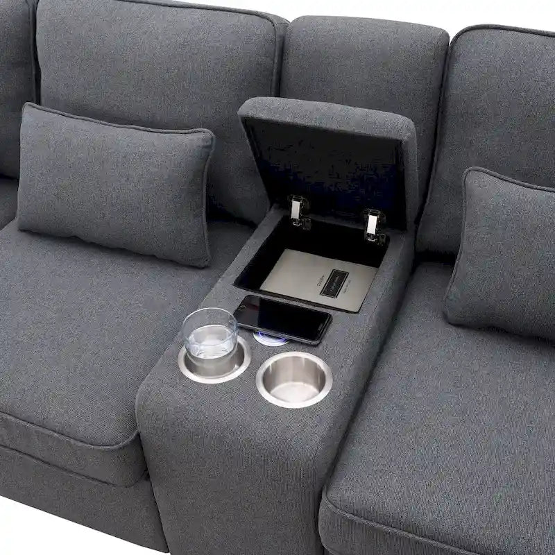 Canapé en lin beige/gris/noir avec console et ports USB pour 4 personnes
