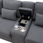 Canapé en lin beige/gris/noir avec console et ports USB pour 4 personnes