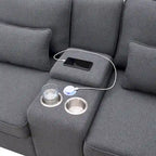 Canapé en lin beige/gris/noir avec console et ports USB pour 4 personnes