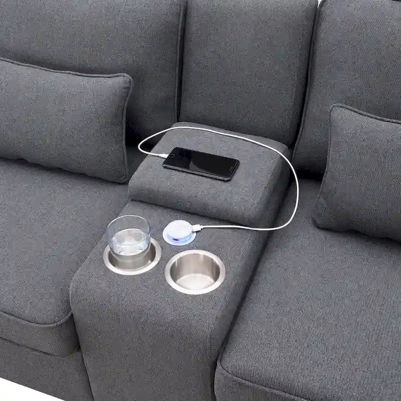 Canapé en lin beige/gris/noir avec console et ports USB pour 4 personnes