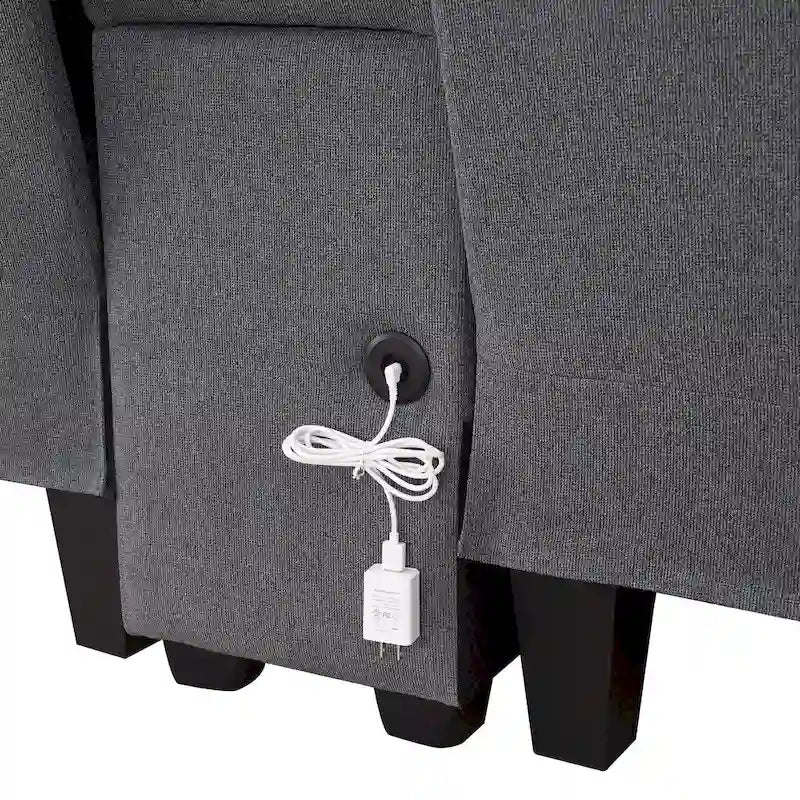 Canapé en lin beige/gris/noir avec console et ports USB pour 4 personnes