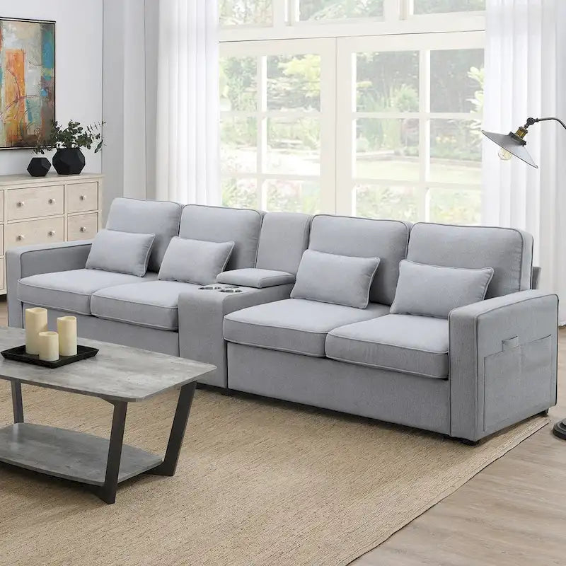 Canapé en lin beige/gris/noir avec console et ports USB pour 4 personnes