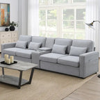 Canapé en lin beige/gris/noir avec console et ports USB pour 4 personnes