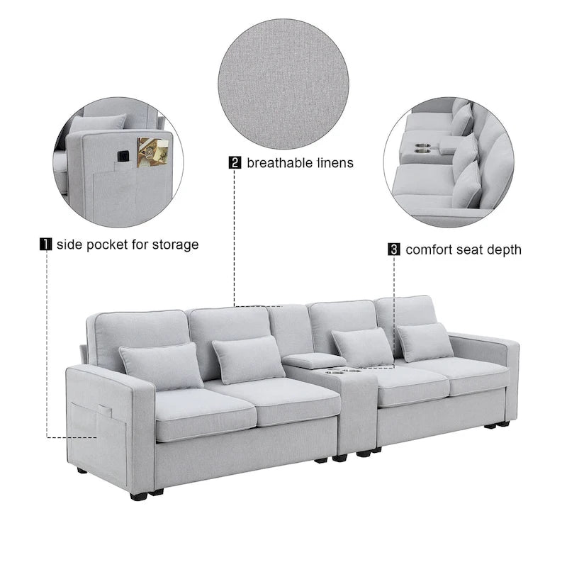 Canapé en lin beige/gris/noir avec console et ports USB pour 4 personnes