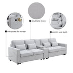 Canapé en lin beige/gris/noir avec console et ports USB pour 4 personnes