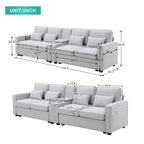 Canapé en lin beige/gris/noir avec console et ports USB pour 4 personnes
