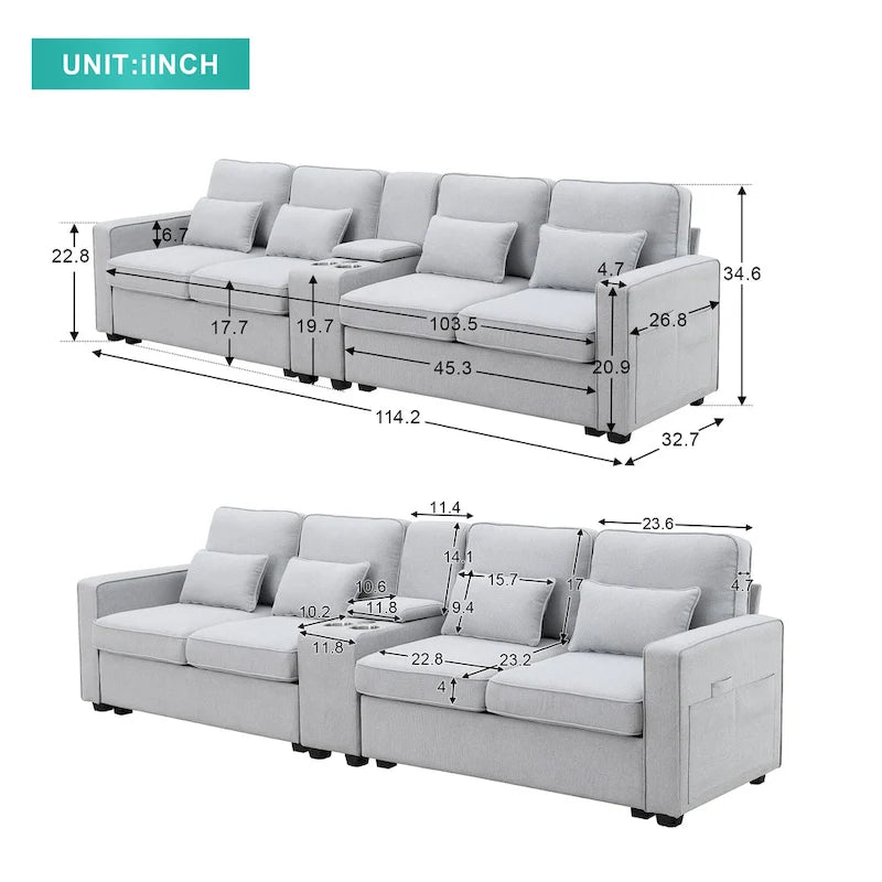 Canapé en lin beige/gris/noir avec console et ports USB pour 4 personnes