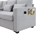 Canapé en lin beige/gris/noir avec console et ports USB pour 4 personnes