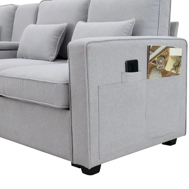 Canapé en lin beige/gris/noir avec console et ports USB pour 4 personnes