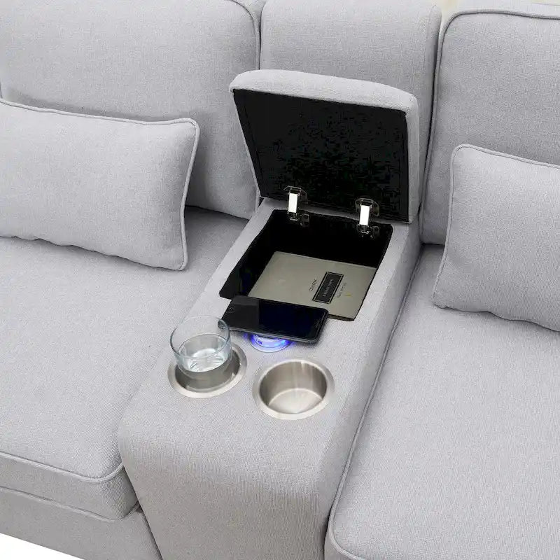 Canapé en lin beige/gris/noir avec console et ports USB pour 4 personnes