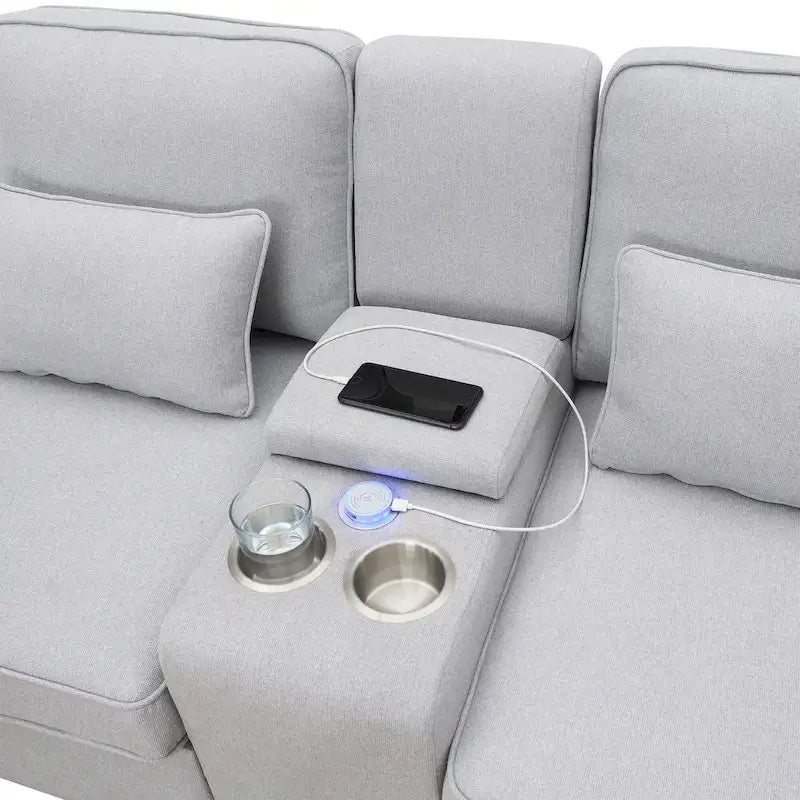 Canapé en lin beige/gris/noir avec console et ports USB pour 4 personnes