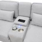 Canapé en lin beige/gris/noir avec console et ports USB pour 4 personnes