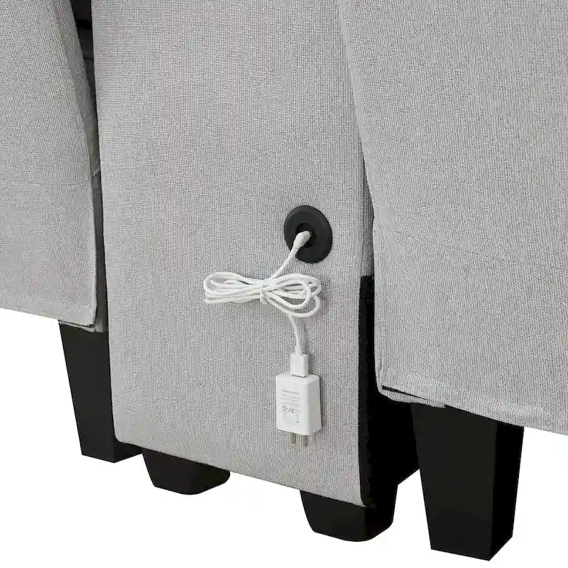 Canapé en lin beige/gris/noir avec console et ports USB pour 4 personnes