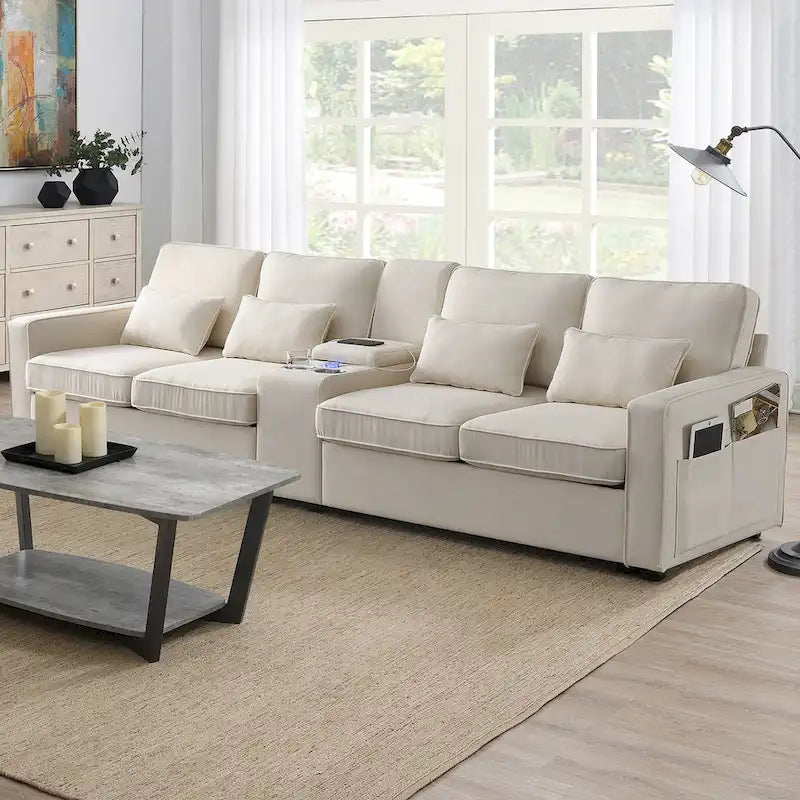 Canapé en lin beige/gris/noir avec console et ports USB pour 4 personnes