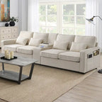 Canapé en lin beige/gris/noir avec console et ports USB pour 4 personnes
