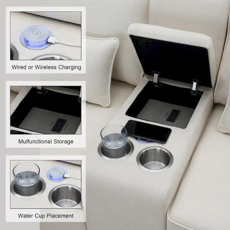 Canapé en lin beige/gris/noir avec console et ports USB pour 4 personnes