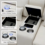 Canapé en lin beige/gris/noir avec console et ports USB pour 4 personnes