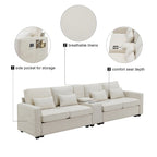 Canapé en lin beige/gris/noir avec console et ports USB pour 4 personnes