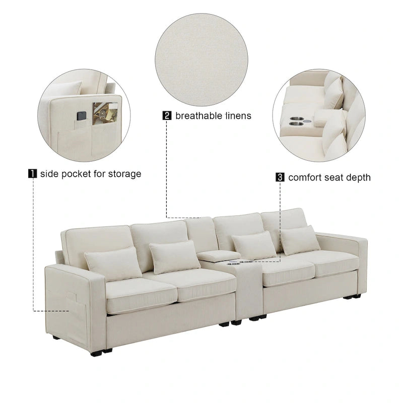 Canapé en lin beige/gris/noir avec console et ports USB pour 4 personnes