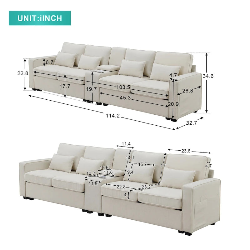 Canapé en lin beige/gris/noir avec console et ports USB pour 4 personnes