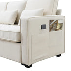 Canapé en lin beige/gris/noir avec console et ports USB pour 4 personnes