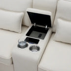 Canapé en lin beige/gris/noir avec console et ports USB pour 4 personnes