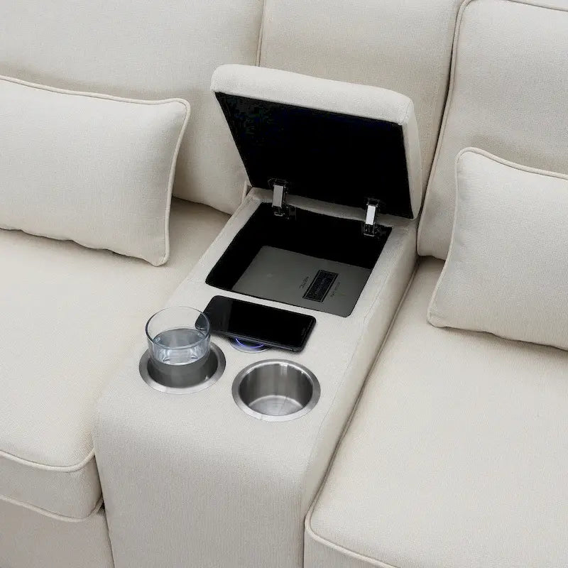 Canapé en lin beige/gris/noir avec console et ports USB pour 4 personnes