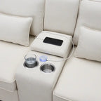 Canapé en lin beige/gris/noir avec console et ports USB pour 4 personnes