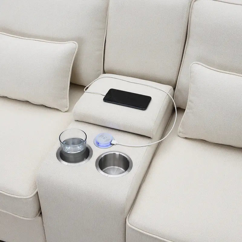 Canapé en lin beige/gris/noir avec console et ports USB pour 4 personnes