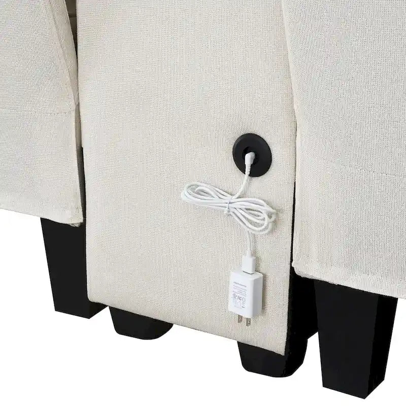 Canapé en lin beige/gris/noir avec console et ports USB pour 4 personnes