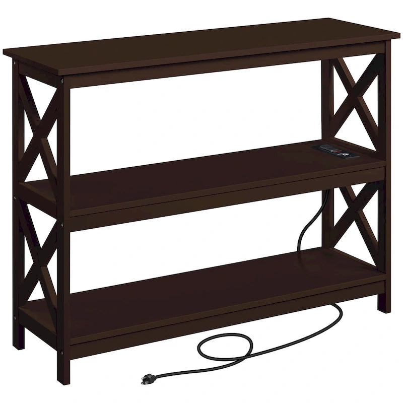 Table console à 3 niveaux avec prise de courant – Blanc / Gris / Espresso / Noir, MDF moderne, 1 à 2 utilisateurs