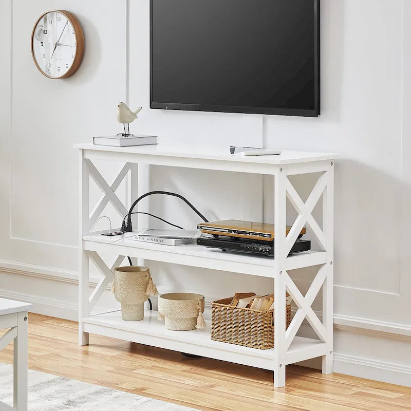 Table console à 3 niveaux avec prise de courant – Blanc / Gris / Espresso / Noir, MDF moderne, 1 à 2 utilisateurs