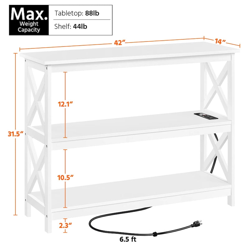 Table console à 3 niveaux avec prise de courant – Blanc / Gris / Espresso / Noir, MDF moderne, 1 à 2 utilisateurs