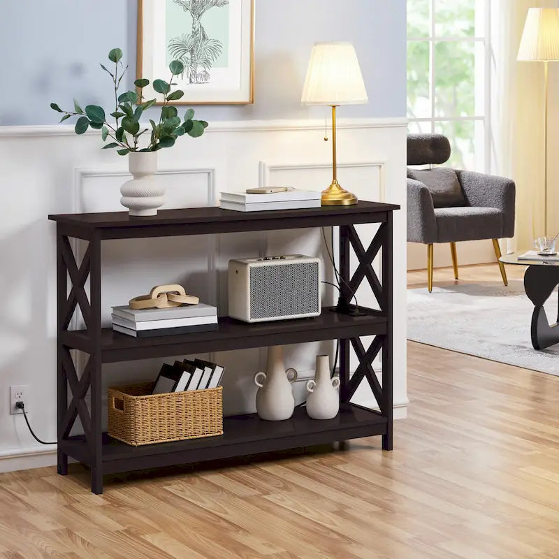 Table console à 3 niveaux avec prise de courant – Blanc / Gris / Espresso / Noir, MDF moderne, 1 à 2 utilisateurs