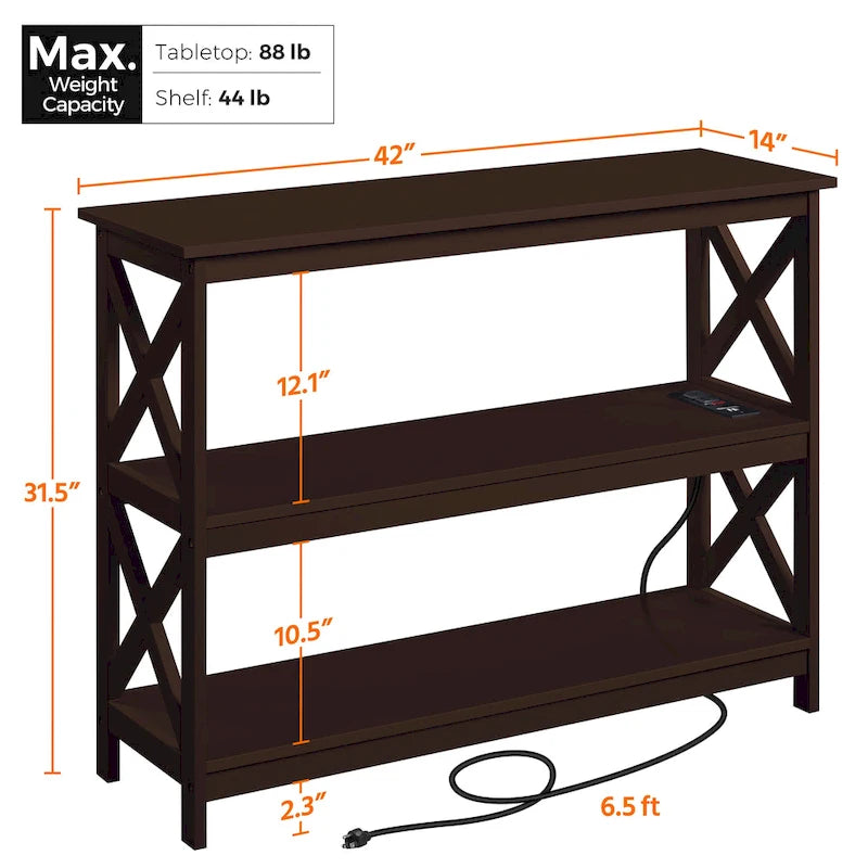 Table console à 3 niveaux avec prise de courant – Blanc / Gris / Espresso / Noir, MDF moderne, 1 à 2 utilisateurs