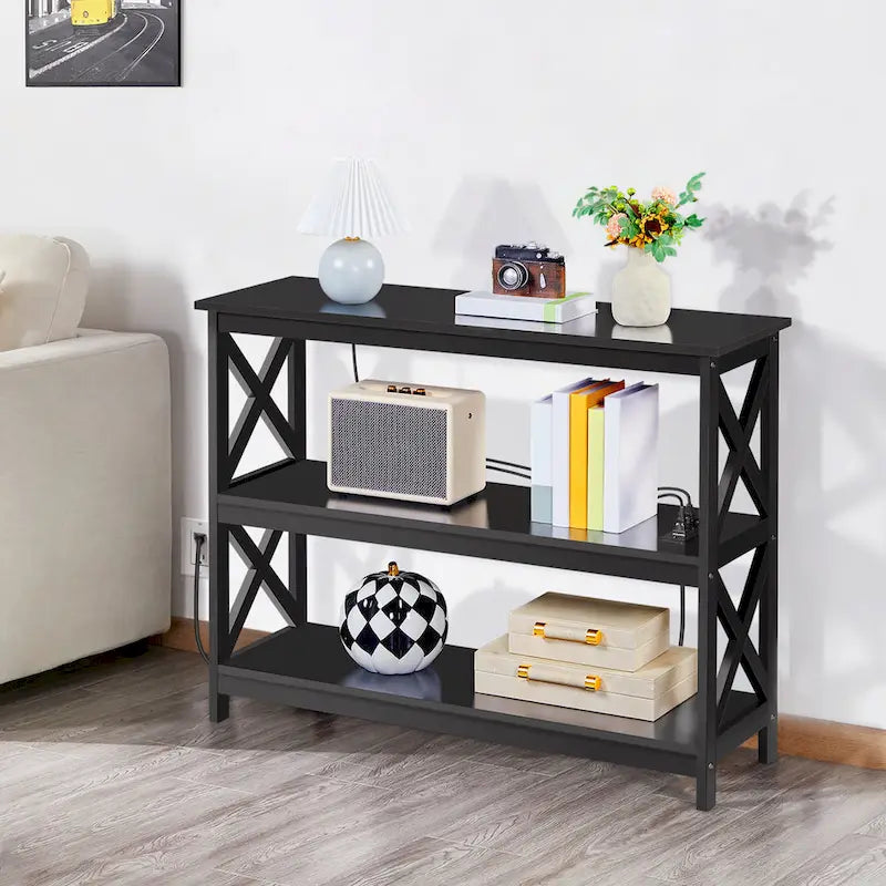 Table console à 3 niveaux avec prise de courant – Blanc / Gris / Espresso / Noir, MDF moderne, 1 à 2 utilisateurs