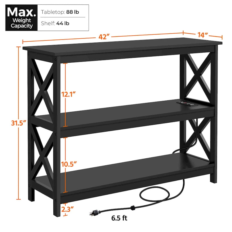 Table console à 3 niveaux avec prise de courant – Blanc / Gris / Espresso / Noir, MDF moderne, 1 à 2 utilisateurs