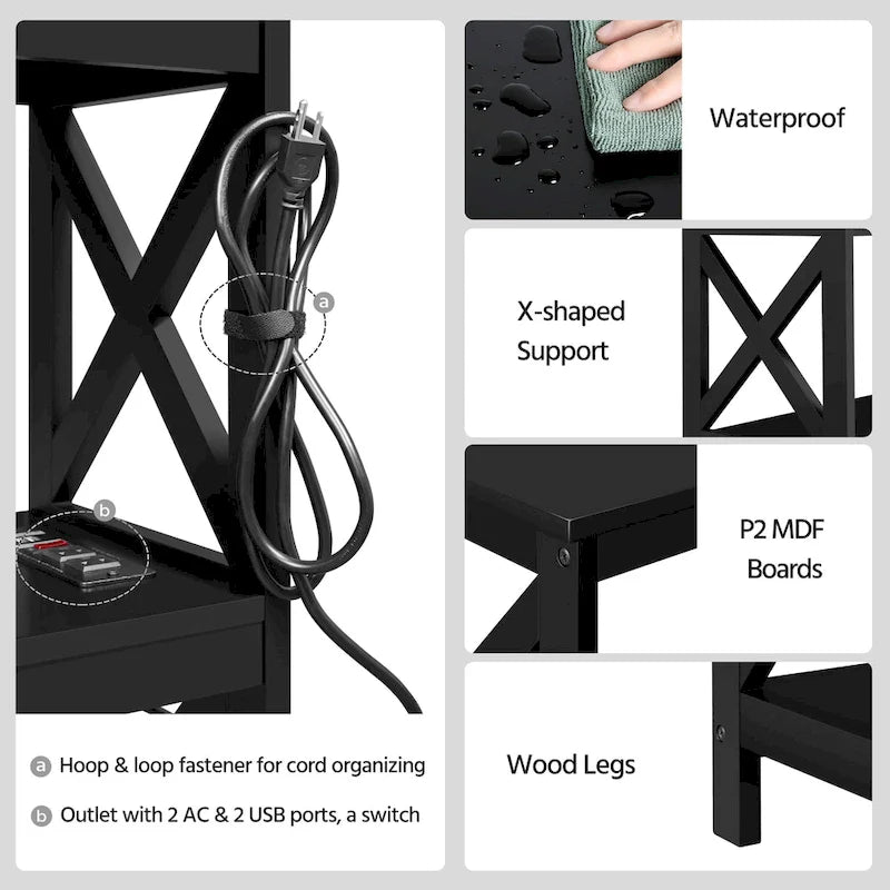 Table console à 3 niveaux avec prise de courant – Blanc / Gris / Espresso / Noir, MDF moderne, 1 à 2 utilisateurs