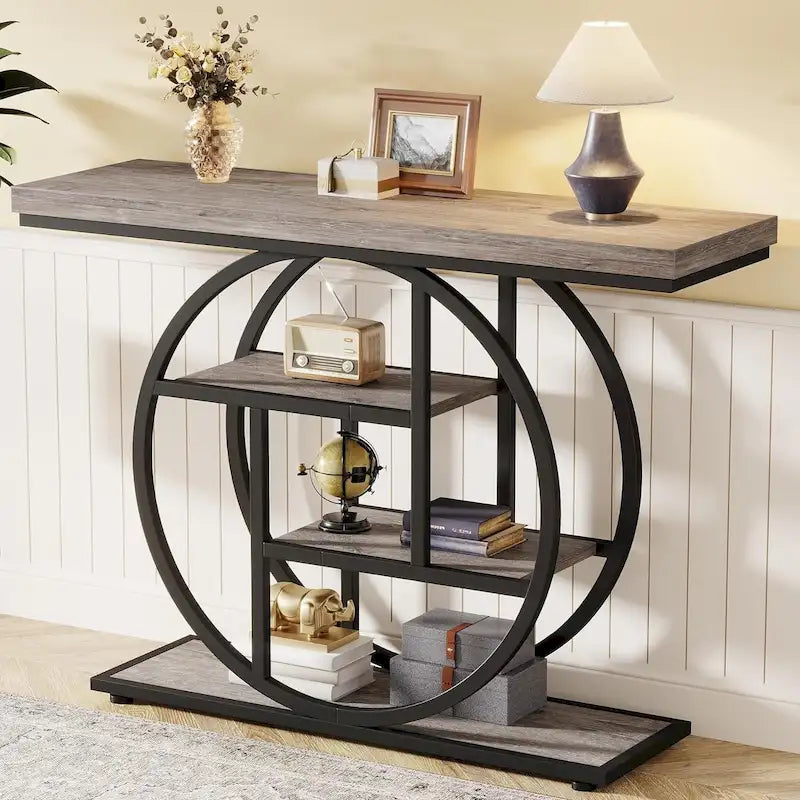 Console 4 niveaux avec base circulaire – Marron/Gris, Métal et Bois industriel, 1 à 2 utilisateurs