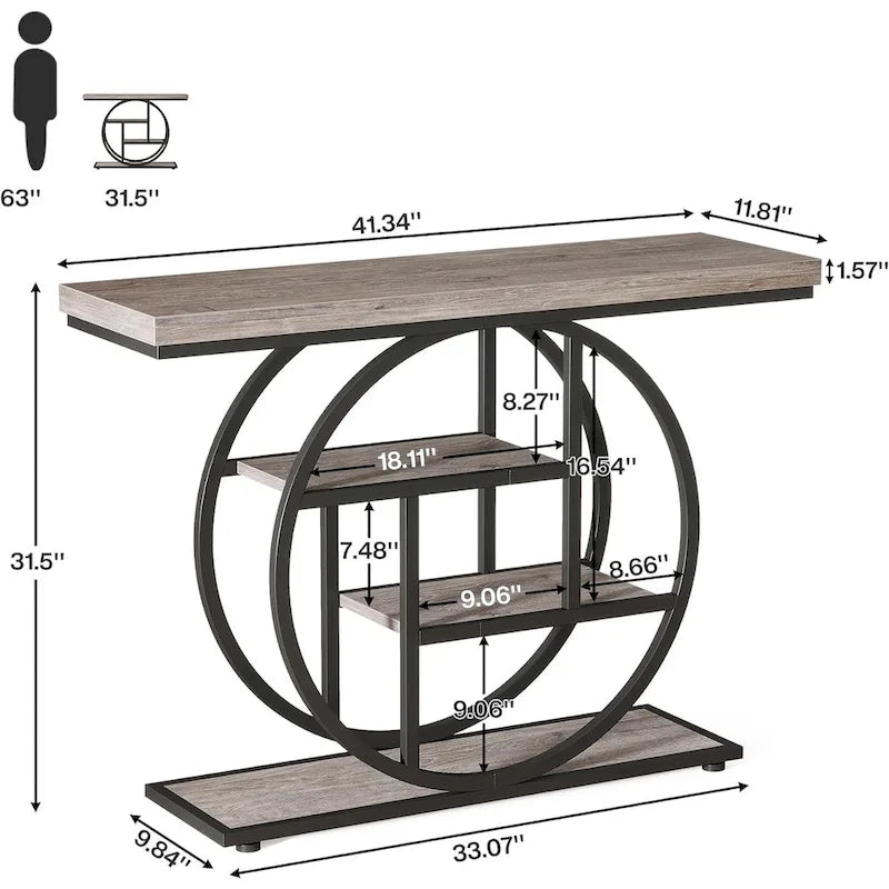 Console 4 niveaux avec base circulaire – Marron/Gris, Métal et Bois industriel, 1 à 2 utilisateurs