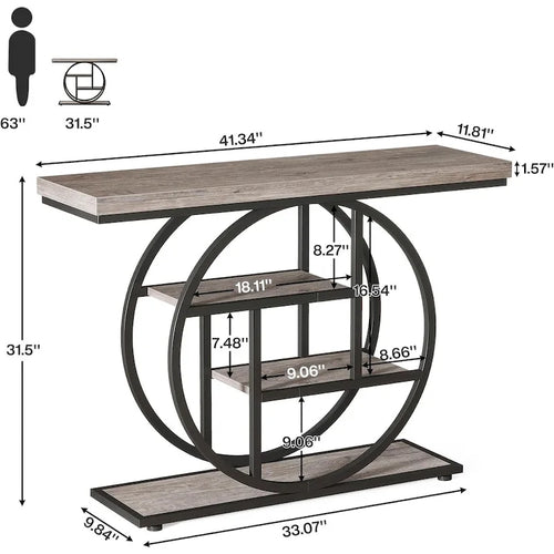 Console 4 niveaux avec base circulaire – Marron/Gris, Métal et Bois industriel, 1 à 2 utilisateurs