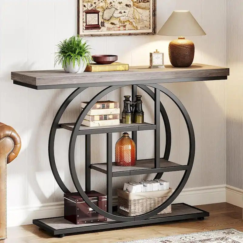 Console 4 niveaux avec base circulaire – Marron/Gris, Métal et Bois industriel, 1 à 2 utilisateurs
