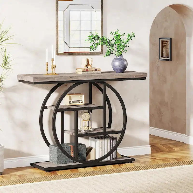 Console 4 niveaux avec base circulaire – Marron/Gris, Métal et Bois industriel, 1 à 2 utilisateurs