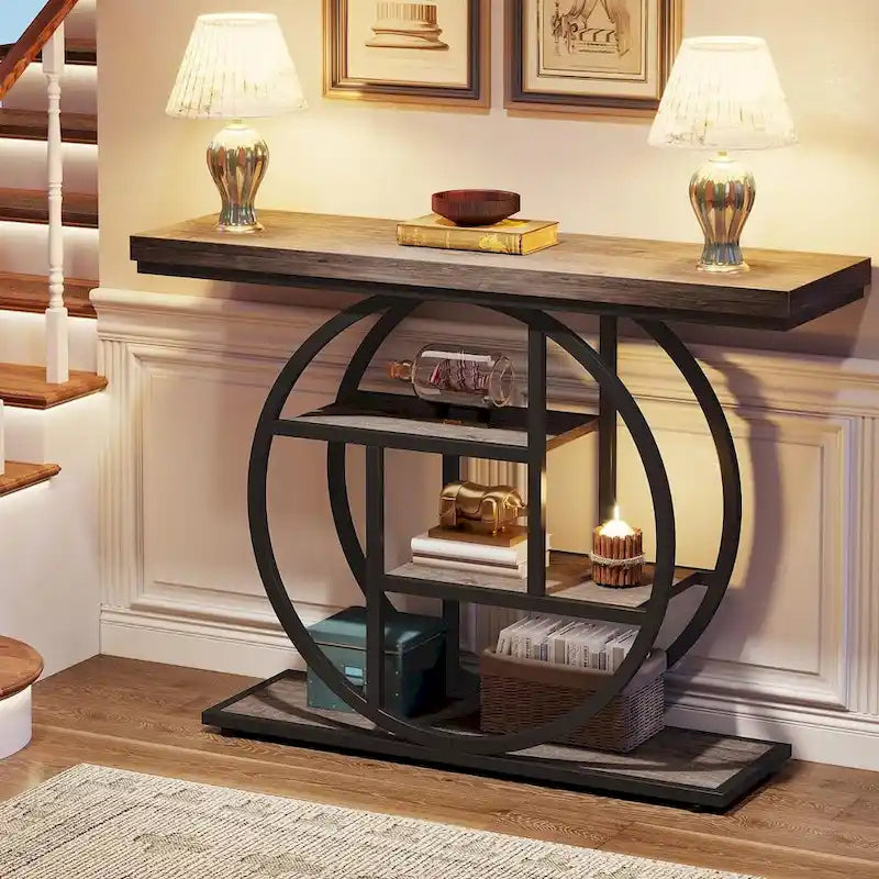 Console 4 niveaux avec base circulaire – Marron/Gris, Métal et Bois industriel, 1 à 2 utilisateurs
