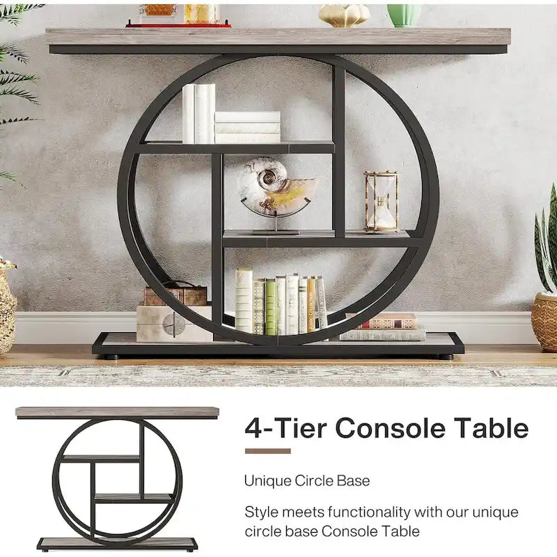 Console 4 niveaux avec base circulaire – Marron/Gris, Métal et Bois industriel, 1 à 2 utilisateurs