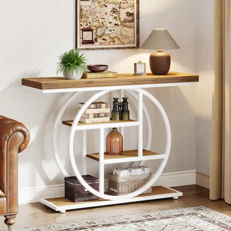 Console 4 niveaux avec base circulaire – Marron/Gris, Métal et Bois industriel, 1 à 2 utilisateurs
