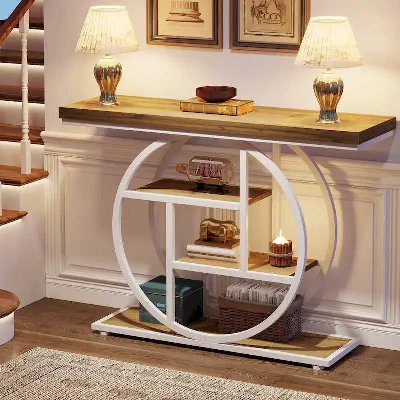 Console 4 niveaux avec base circulaire – Marron/Gris, Métal et Bois industriel, 1 à 2 utilisateurs